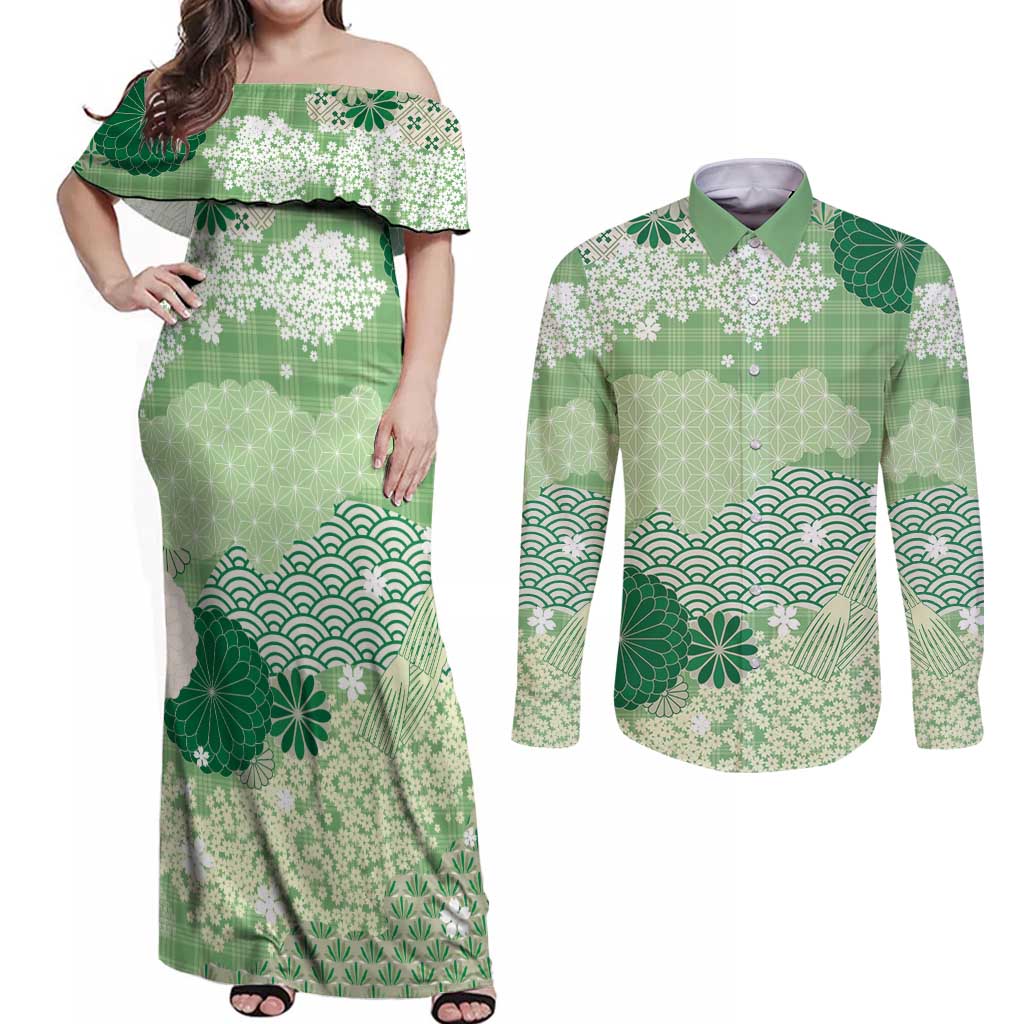 Green Palaka Japanese Patterns Couples Matching Off Shoulder Maxi Dress and Long Sleeve Button Shirt Asanoha Seigaiha Sakura Motif - Polynesian Pride