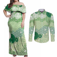 Green Palaka Japanese Patterns Couples Matching Off Shoulder Maxi Dress and Long Sleeve Button Shirt Asanoha Seigaiha Sakura Motif - Polynesian Pride