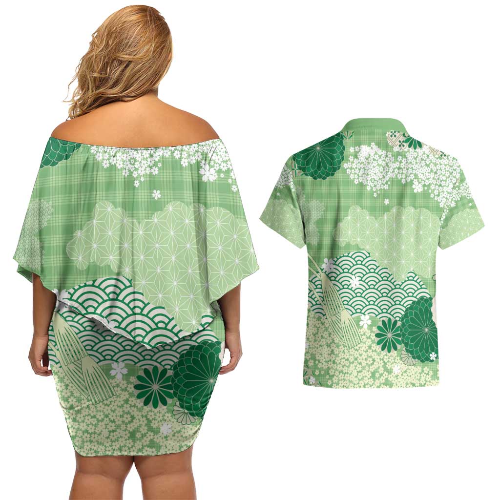 Green Palaka Japanese Patterns Couples Matching Off Shoulder Short Dress and Hawaiian Shirt Asanoha Seigaiha Sakura Motif - Polynesian Pride