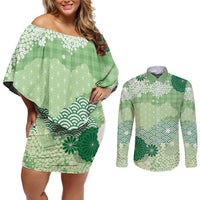 Green Palaka Japanese Patterns Couples Matching Off Shoulder Short Dress and Long Sleeve Button Shirt Asanoha Seigaiha Sakura Motif - Polynesian Pride