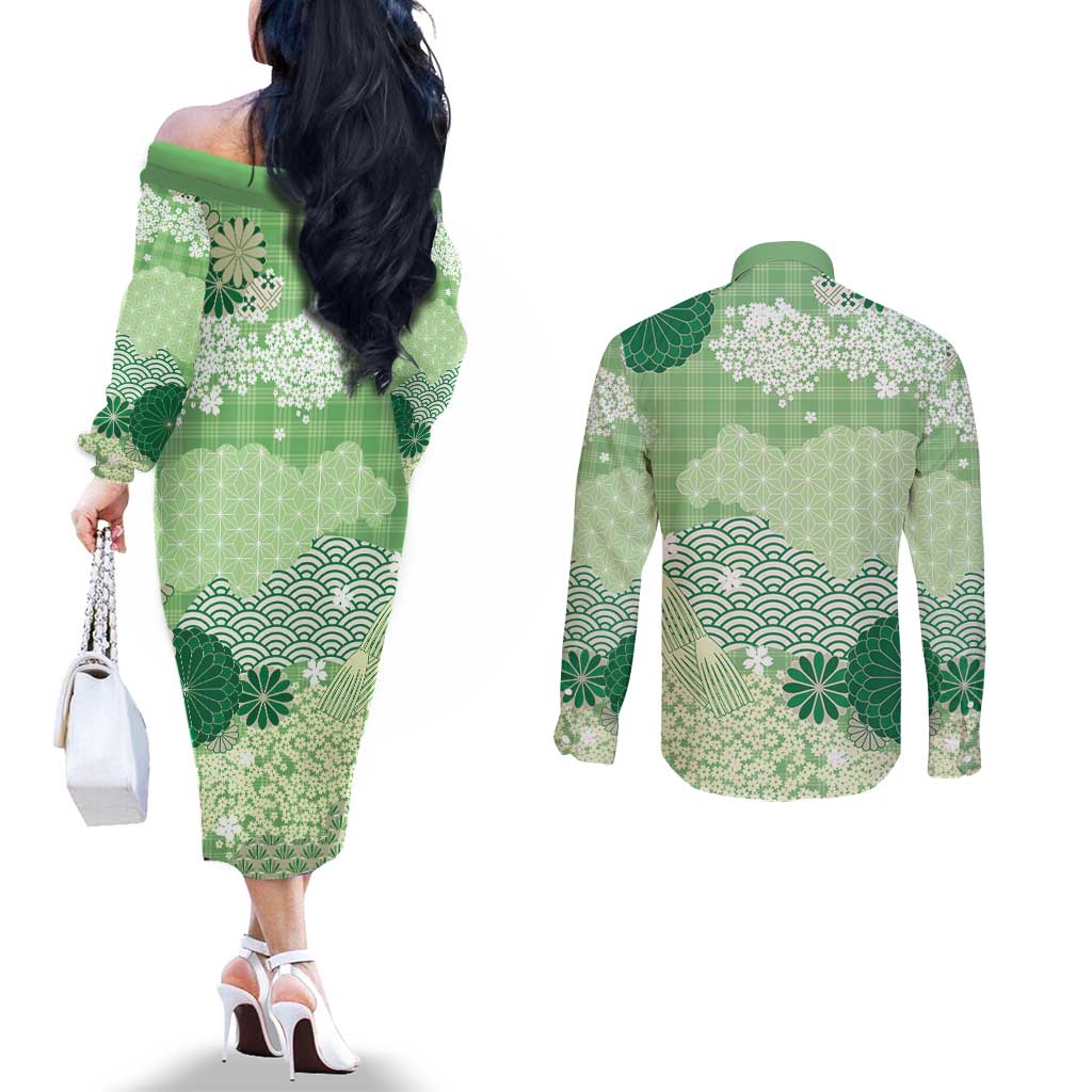 Green Palaka Japanese Patterns Couples Matching Off The Shoulder Long Sleeve Dress and Long Sleeve Button Shirt Asanoha Seigaiha Sakura Motif - Polynesian Pride