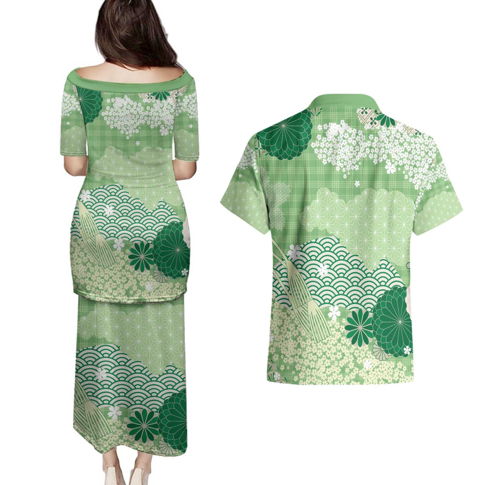 Green Palaka Japanese Patterns Couples Matching Puletasi and Hawaiian Shirt Asanoha Seigaiha Sakura Motif - Polynesian Pride