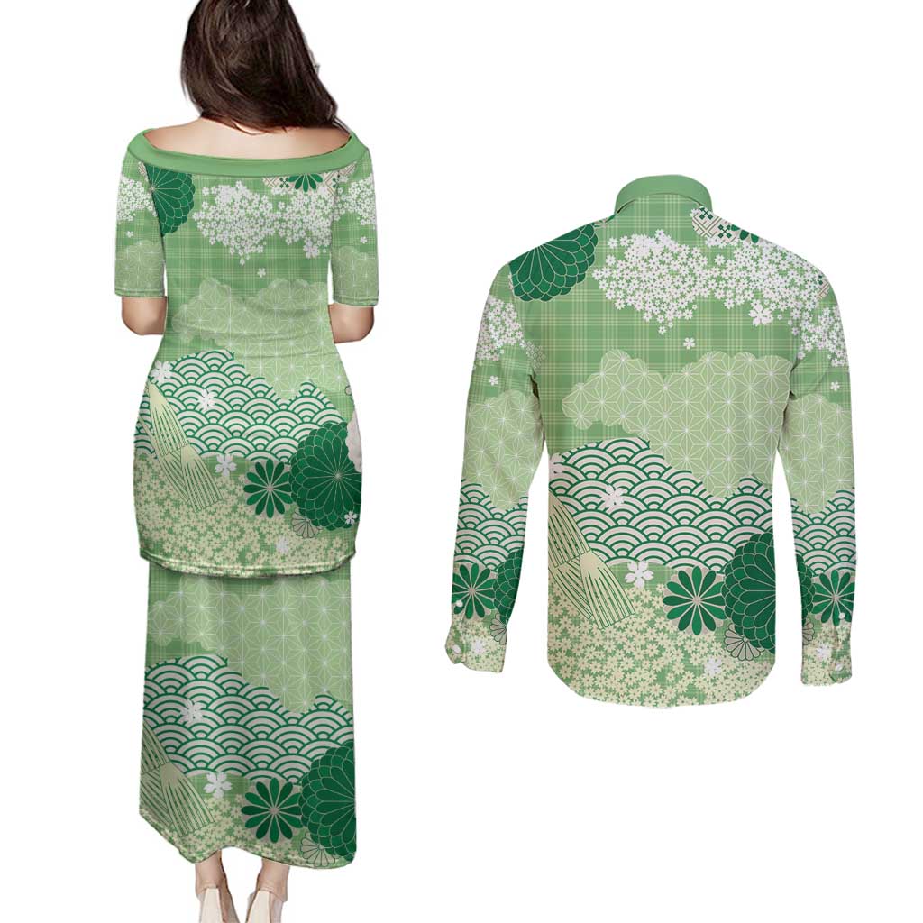 Green Palaka Japanese Patterns Couples Matching Puletasi and Long Sleeve Button Shirt Asanoha Seigaiha Sakura Motif - Polynesian Pride