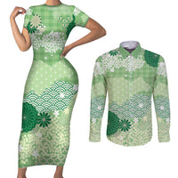 Green Palaka Japanese Patterns Couples Matching Short Sleeve Bodycon Dress and Long Sleeve Button Shirt Asanoha Seigaiha Sakura Motif - Polynesian Pride