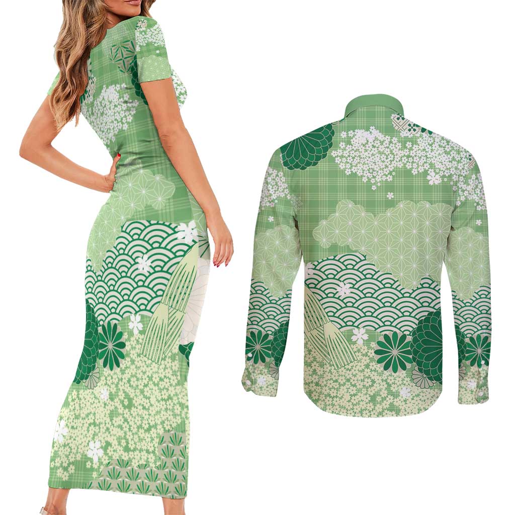 Green Palaka Japanese Patterns Couples Matching Short Sleeve Bodycon Dress and Long Sleeve Button Shirt Asanoha Seigaiha Sakura Motif - Polynesian Pride
