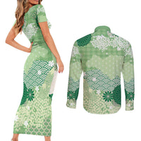 Green Palaka Japanese Patterns Couples Matching Short Sleeve Bodycon Dress and Long Sleeve Button Shirt Asanoha Seigaiha Sakura Motif - Polynesian Pride