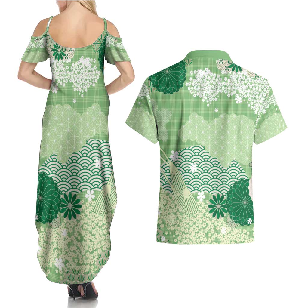 Green Palaka Japanese Patterns Couples Matching Summer Maxi Dress and Hawaiian Shirt Asanoha Seigaiha Sakura Motif - Polynesian Pride