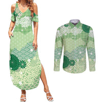 Green Palaka Japanese Patterns Couples Matching Summer Maxi Dress and Long Sleeve Button Shirt Asanoha Seigaiha Sakura Motif - Polynesian Pride