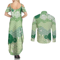 Green Palaka Japanese Patterns Couples Matching Summer Maxi Dress and Long Sleeve Button Shirt Asanoha Seigaiha Sakura Motif - Polynesian Pride