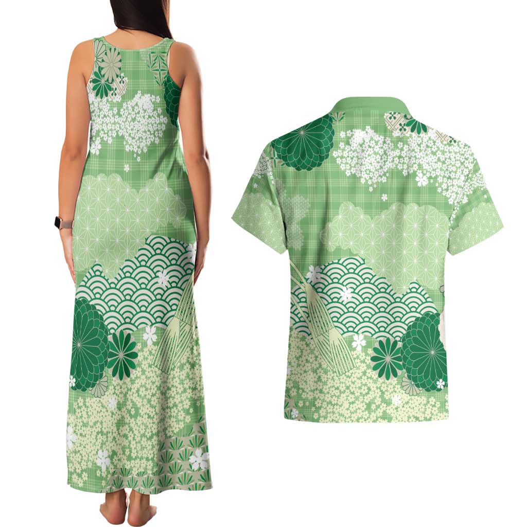 Green Palaka Japanese Patterns Couples Matching Tank Maxi Dress and Hawaiian Shirt Asanoha Seigaiha Sakura Motif - Polynesian Pride