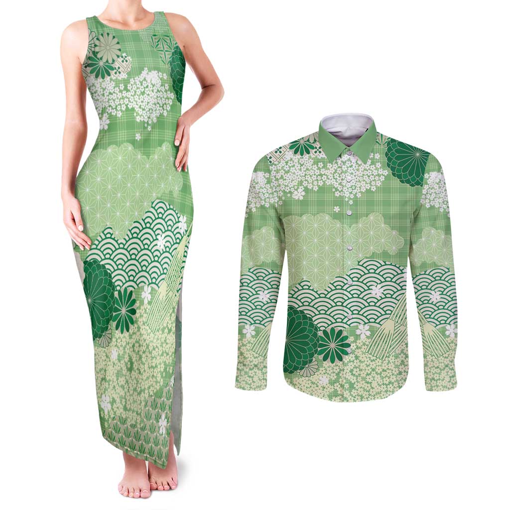 Green Palaka Japanese Patterns Couples Matching Tank Maxi Dress and Long Sleeve Button Shirt Asanoha Seigaiha Sakura Motif - Polynesian Pride