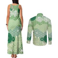 Green Palaka Japanese Patterns Couples Matching Tank Maxi Dress and Long Sleeve Button Shirt Asanoha Seigaiha Sakura Motif - Polynesian Pride
