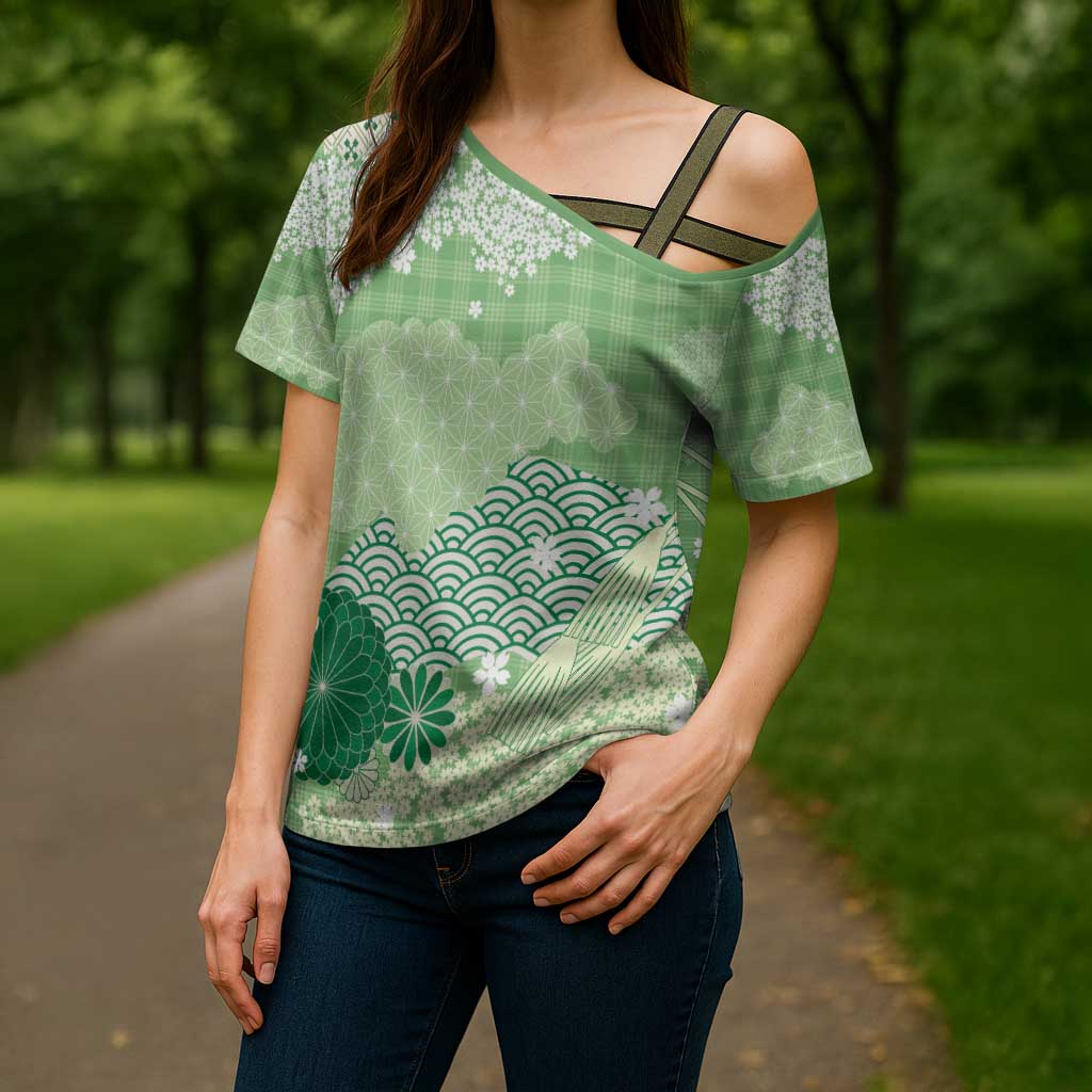 Green Palaka Japanese Patterns Cross Shoulder Shirt Asanoha Seigaiha Sakura Motif - Polynesian Pride