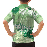 Green Palaka Japanese Patterns Family Matching Long Sleeve Bodycon Dress and Hawaiian Shirt Asanoha Seigaiha Sakura Motif LT14 - Polynesian Pride