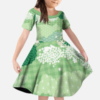 Green Palaka Japanese Patterns Family Matching Long Sleeve Bodycon Dress and Hawaiian Shirt Asanoha Seigaiha Sakura Motif LT14 Daughter's Dress Green - Polynesian Pride