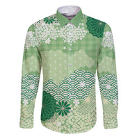 Green Palaka Japanese Patterns Family Matching Long Sleeve Bodycon Dress and Hawaiian Shirt Asanoha Seigaiha Sakura Motif LT14 Dad's Shirt - Long Sleeve Green - Polynesian Pride