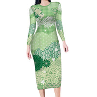Green Palaka Japanese Patterns Family Matching Long Sleeve Bodycon Dress and Hawaiian Shirt Asanoha Seigaiha Sakura Motif LT14 Mom's Dress Green - Polynesian Pride
