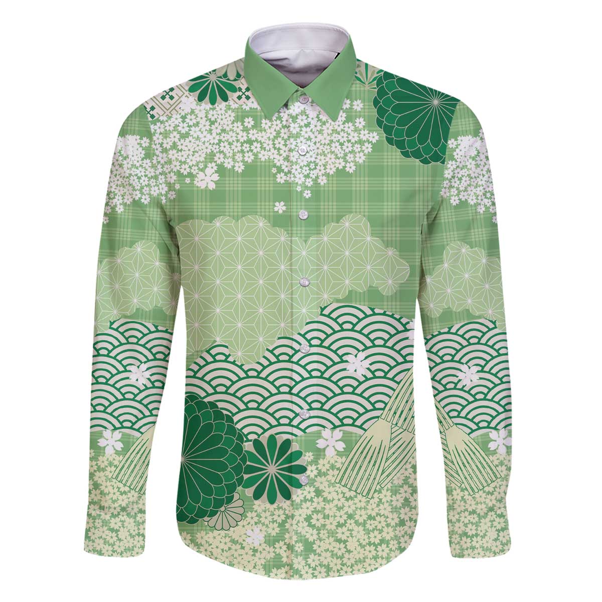 Green Palaka Japanese Patterns Family Matching Off The Shoulder Long Sleeve Dress and Hawaiian Shirt Asanoha Seigaiha Sakura Motif - Polynesian Pride