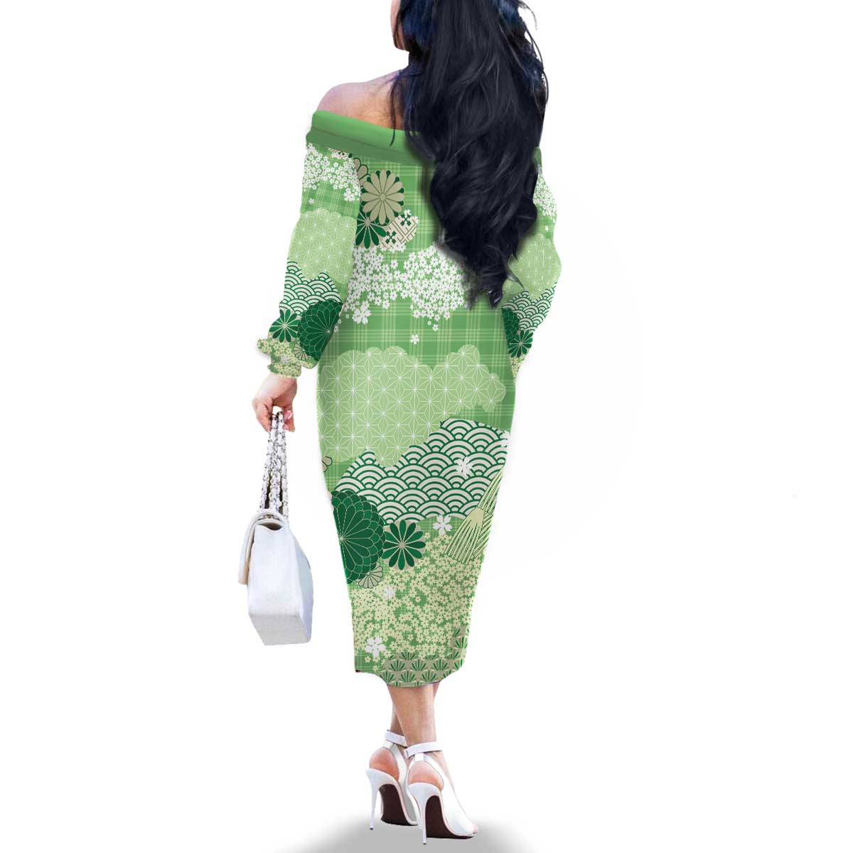 Green Palaka Japanese Patterns Family Matching Off The Shoulder Long Sleeve Dress and Hawaiian Shirt Asanoha Seigaiha Sakura Motif - Polynesian Pride