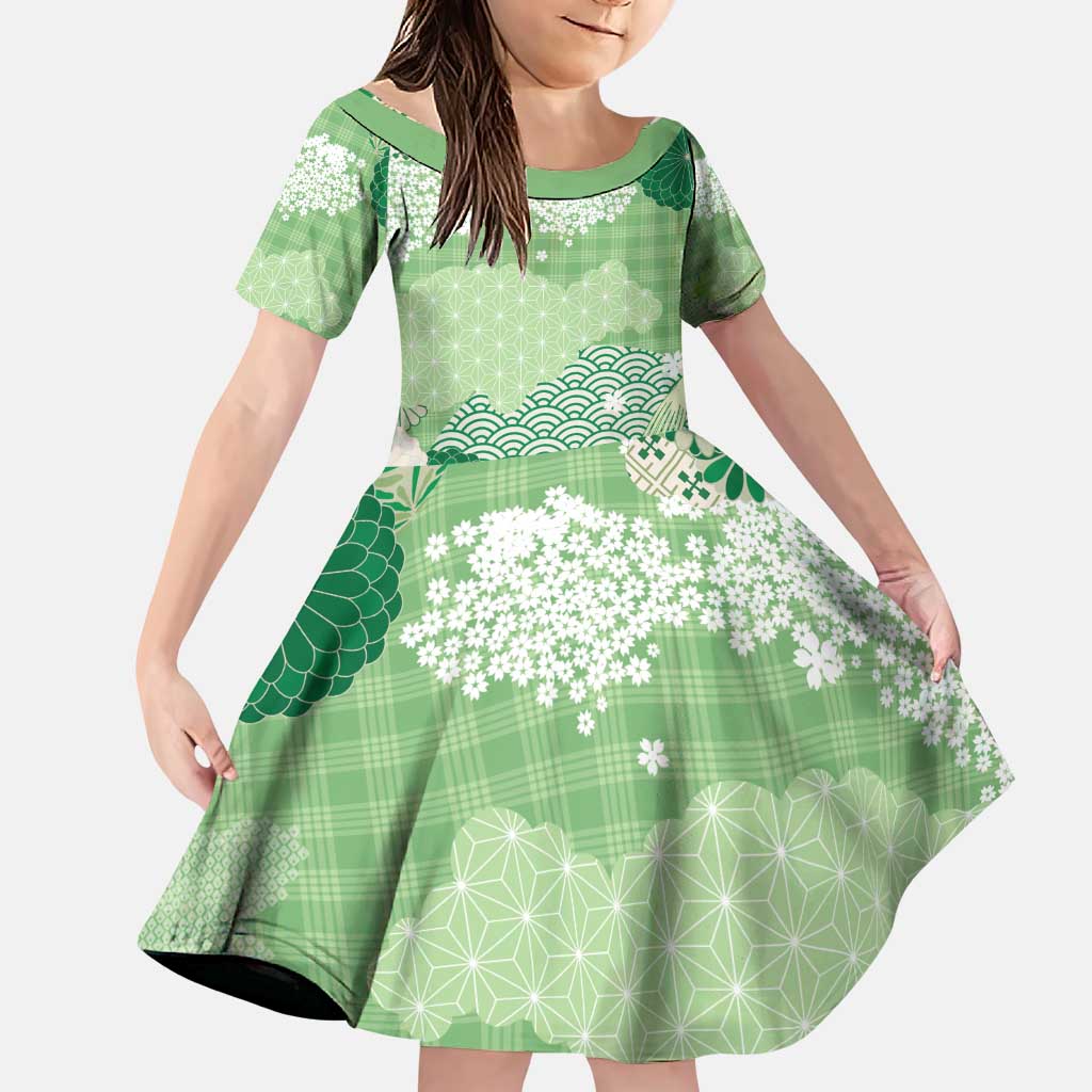 Green Palaka Japanese Patterns Family Matching Puletasi and Hawaiian Shirt Asanoha Seigaiha Sakura Motif - Polynesian Pride