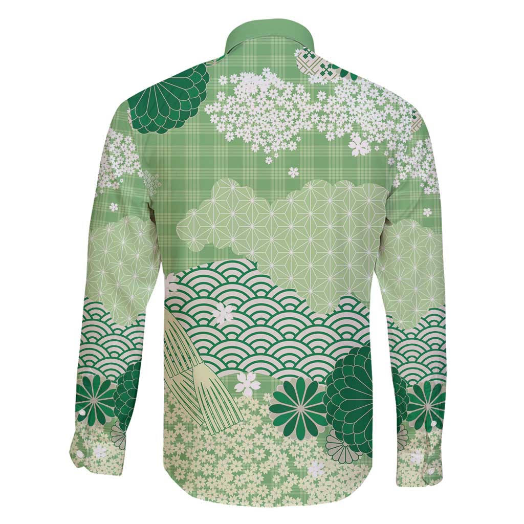 Green Palaka Japanese Patterns Family Matching Puletasi and Hawaiian Shirt Asanoha Seigaiha Sakura Motif - Polynesian Pride