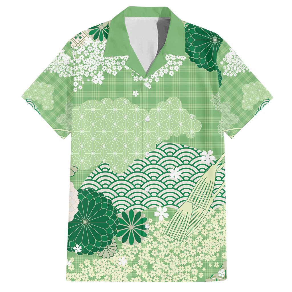Green Palaka Japanese Patterns Family Matching Summer Maxi Dress and Hawaiian Shirt Asanoha Seigaiha Sakura Motif - Polynesian Pride