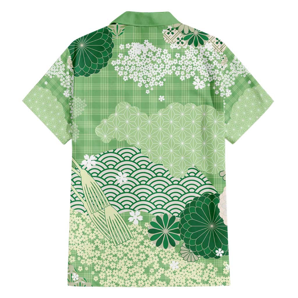 Green Palaka Japanese Patterns Family Matching Summer Maxi Dress and Hawaiian Shirt Asanoha Seigaiha Sakura Motif - Polynesian Pride