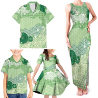 Green Palaka Japanese Patterns Family Matching Tank Maxi Dress and Hawaiian Shirt Asanoha Seigaiha Sakura Motif - Polynesian Pride