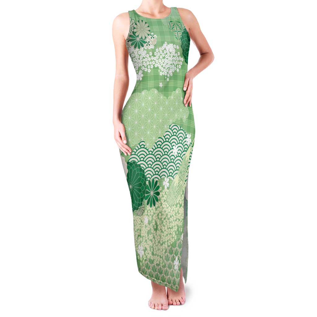 Green Palaka Japanese Patterns Family Matching Tank Maxi Dress and Hawaiian Shirt Asanoha Seigaiha Sakura Motif - Polynesian Pride