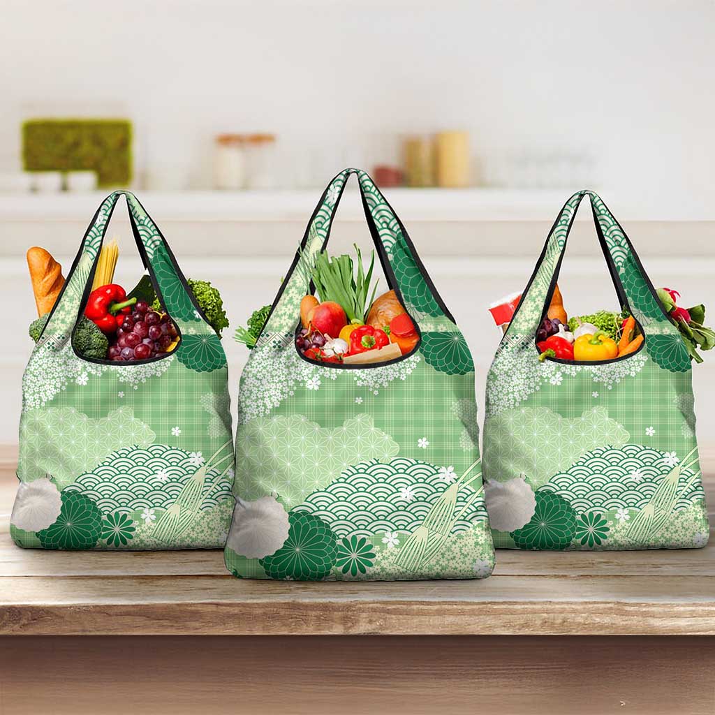 Green Palaka Japanese Patterns Grocery Bag Asanoha Seigaiha Sakura Motif - Polynesian Pride
