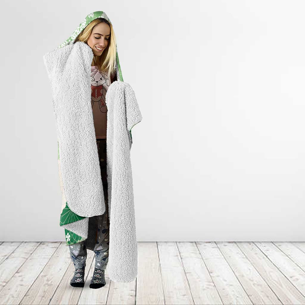 Green Palaka Japanese Patterns Hooded Blanket Asanoha Seigaiha Sakura Motif - Polynesian Pride