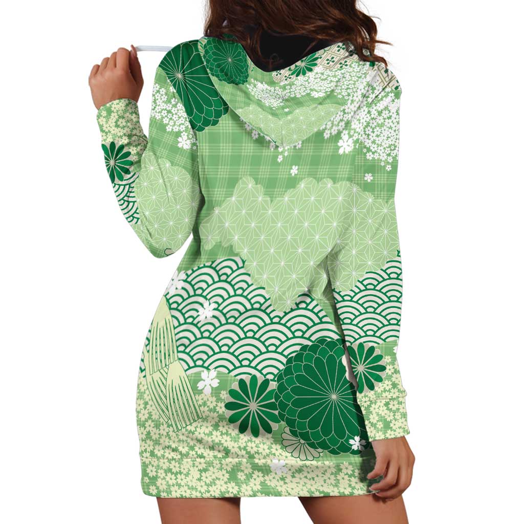 Green Palaka Japanese Patterns Hoodie Dress Asanoha Seigaiha Sakura Motif LT14 - Polynesian Pride