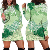 Green Palaka Japanese Patterns Hoodie Dress Asanoha Seigaiha Sakura Motif LT14 - Polynesian Pride