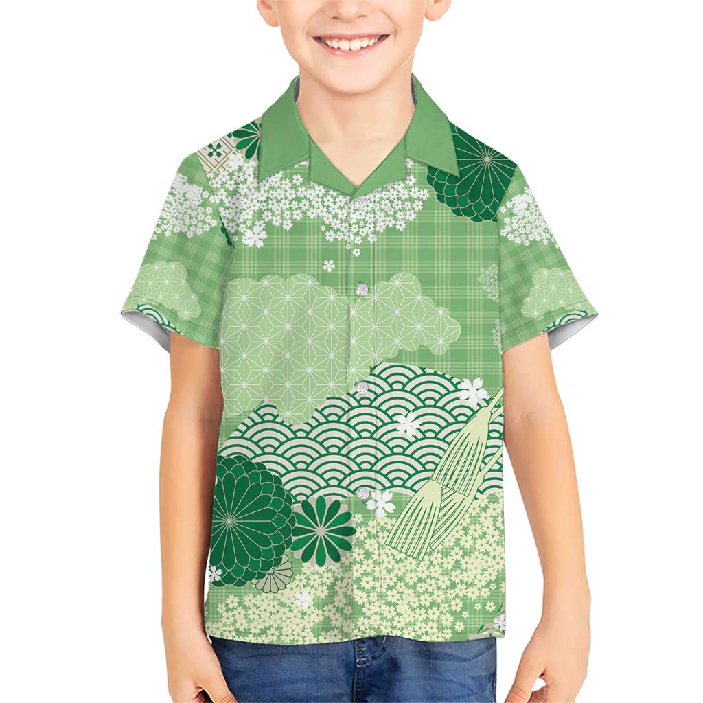 Green Palaka Japanese Patterns Kid Hawaiian Shirt Asanoha Seigaiha Sakura Motif - Polynesian Pride