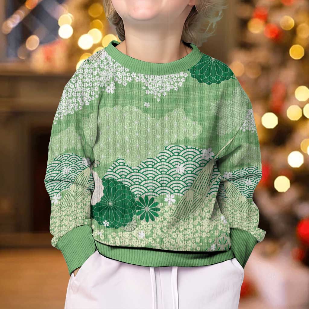 Green Palaka Japanese Patterns Kid Ugly Christmas Sweater Asanoha Seigaiha Sakura Motif - Polynesian Pride