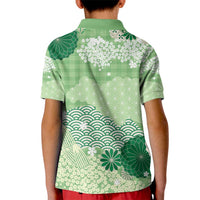 Green Palaka Japanese Patterns Kid Polo Shirt Asanoha Seigaiha Sakura Motif - Polynesian Pride