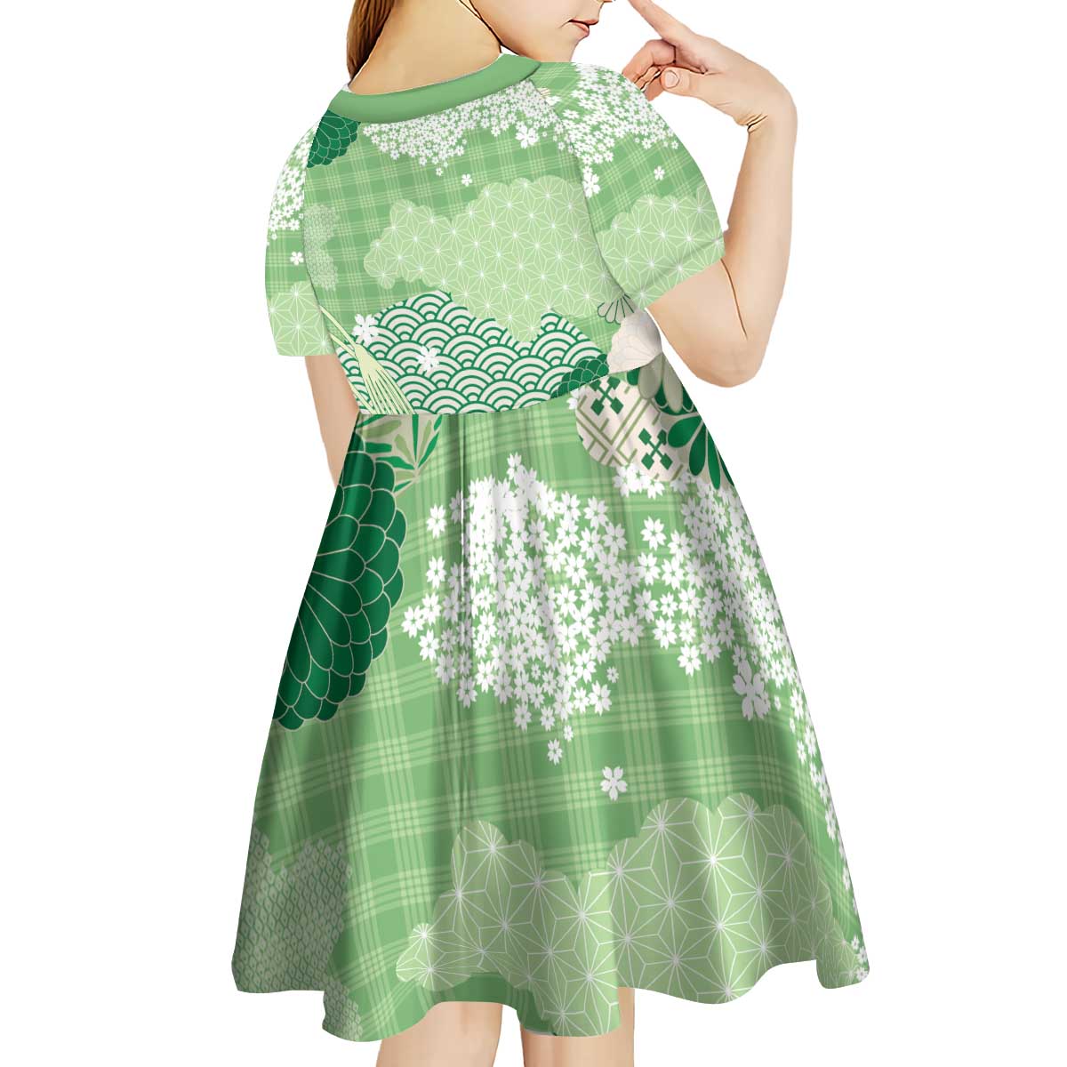 Green Palaka Japanese Patterns Kid Short Sleeve Dress Asanoha Seigaiha Sakura Motif - Polynesian Pride