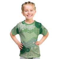 Green Palaka Japanese Patterns Kid T Shirt Asanoha Seigaiha Sakura Motif - Polynesian Pride