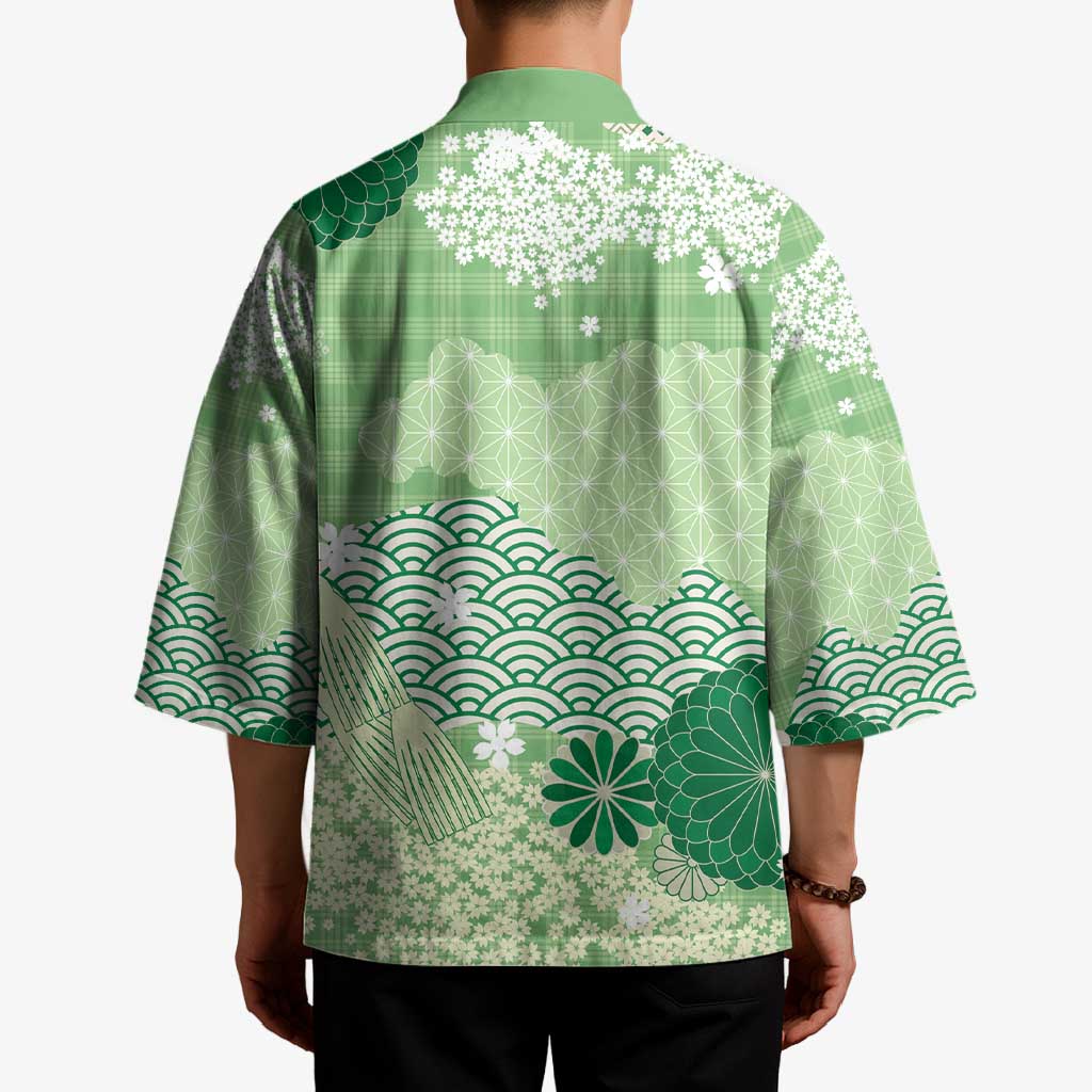 Green Palaka Japanese Patterns Kimono Asanoha Seigaiha Sakura Motif LT14 - Polynesian Pride
