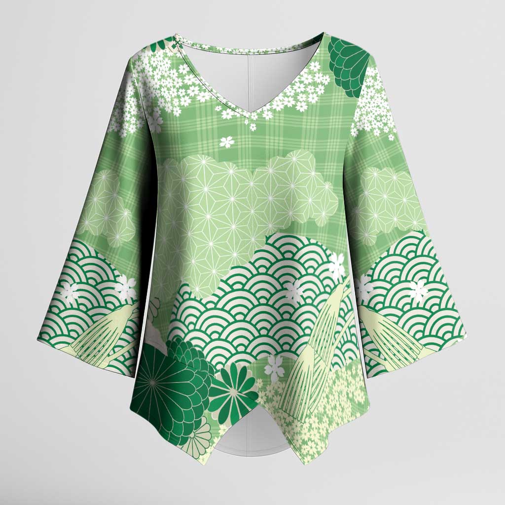 Green Palaka Japanese Patterns Kimono Sleeve Blouse Asanoha Seigaiha Sakura Motif - Polynesian Pride