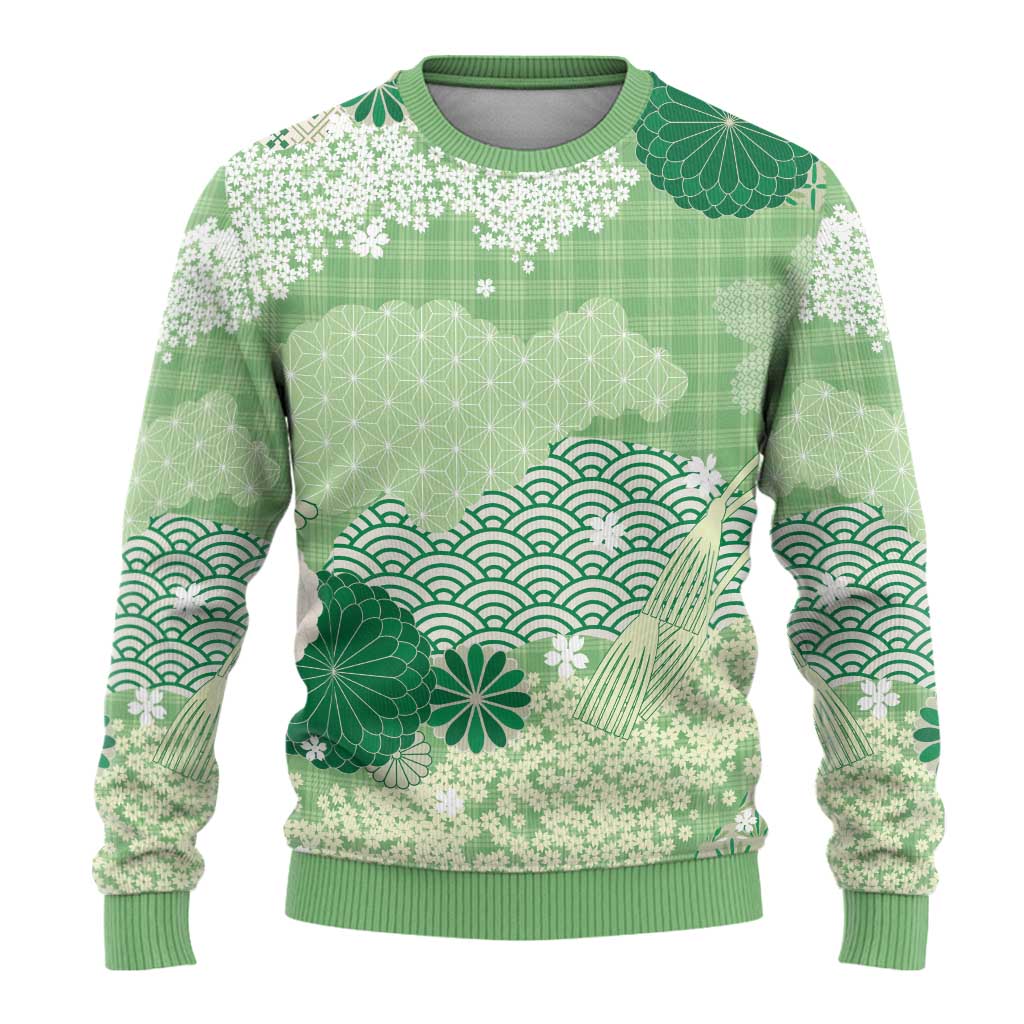 Green Palaka Japanese Patterns Ugly Christmas Sweater Asanoha Seigaiha Sakura Motif - Polynesian Pride