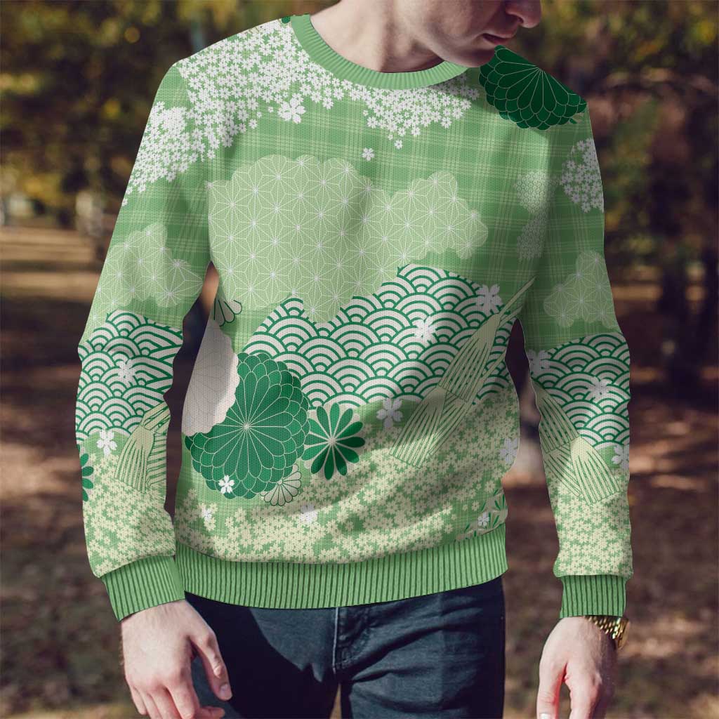 Green Palaka Japanese Patterns Ugly Christmas Sweater Asanoha Seigaiha Sakura Motif - Polynesian Pride