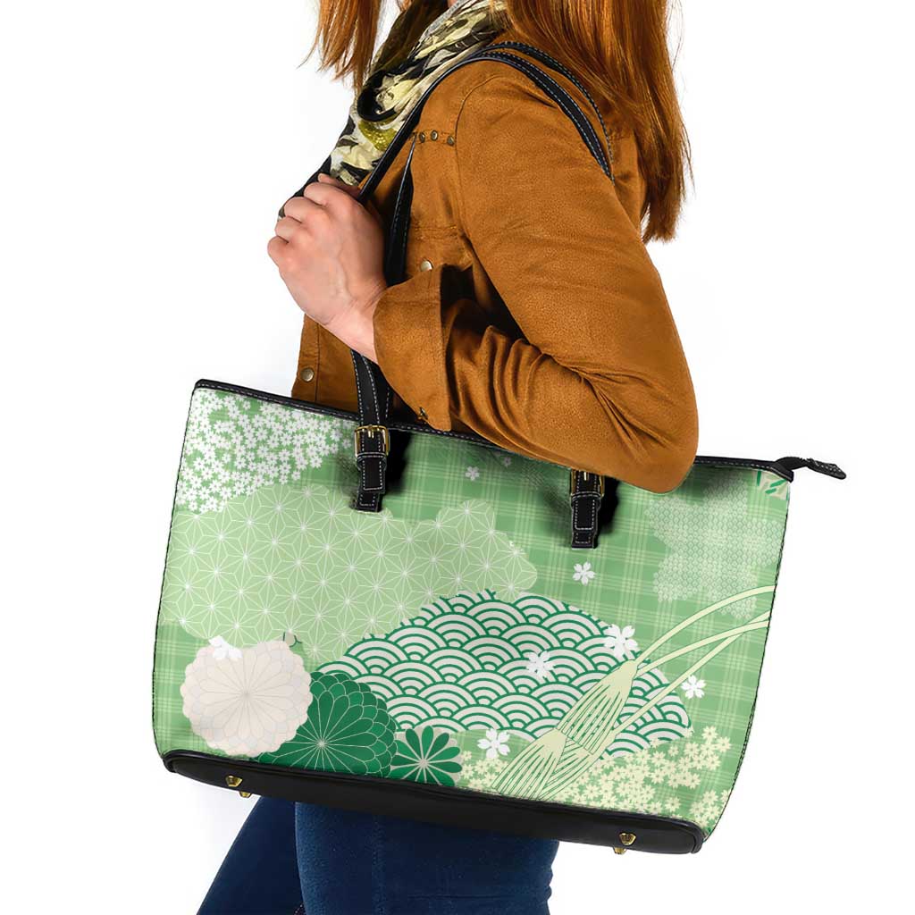 Green Palaka Japanese Patterns Leather Tote Bag Asanoha Seigaiha Sakura Motif LT14 Green - Polynesian Pride