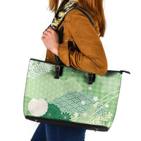 Green Palaka Japanese Patterns Leather Tote Bag Asanoha Seigaiha Sakura Motif LT14 Green - Polynesian Pride