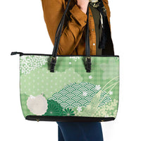 Green Palaka Japanese Patterns Leather Tote Bag Asanoha Seigaiha Sakura Motif LT14 - Polynesian Pride