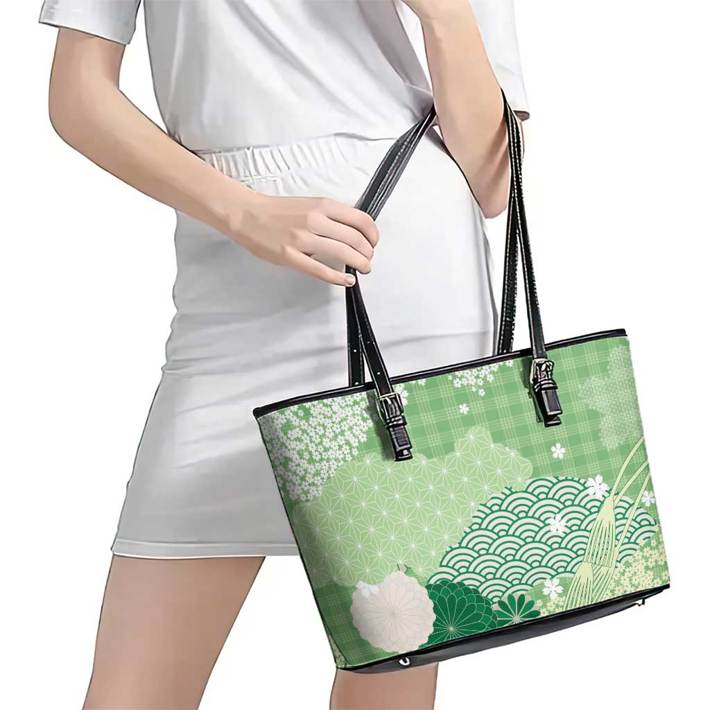 Green Palaka Japanese Patterns Leather Tote Bag Asanoha Seigaiha Sakura Motif LT14 - Polynesian Pride