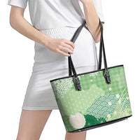 Green Palaka Japanese Patterns Leather Tote Bag Asanoha Seigaiha Sakura Motif LT14 - Polynesian Pride
