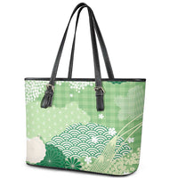 Green Palaka Japanese Patterns Leather Tote Bag Asanoha Seigaiha Sakura Motif LT14 - Polynesian Pride