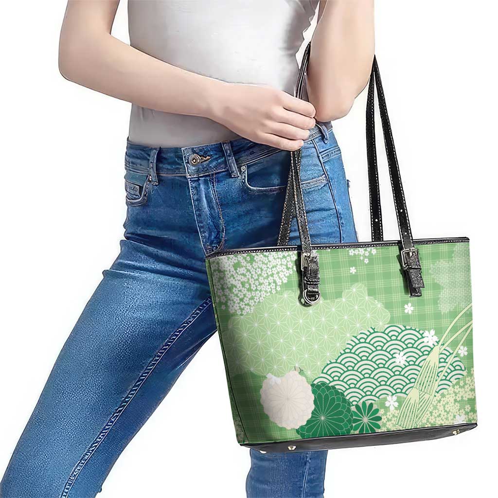 Green Palaka Japanese Patterns Leather Tote Bag Asanoha Seigaiha Sakura Motif LT14 - Polynesian Pride