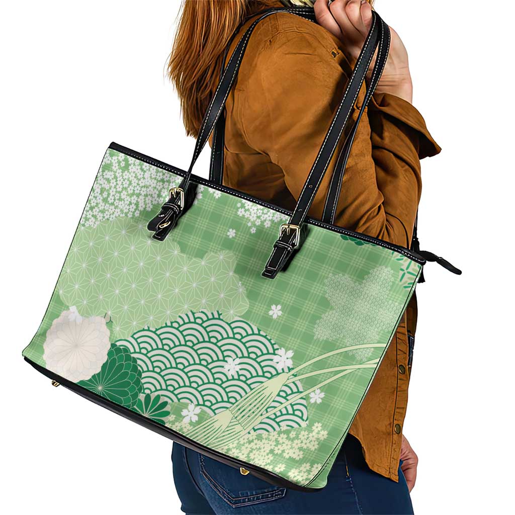 Green Palaka Japanese Patterns Leather Tote Bag Asanoha Seigaiha Sakura Motif LT14 - Polynesian Pride